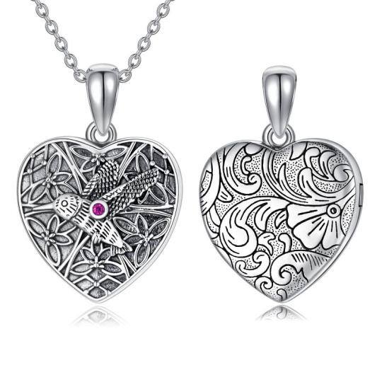 Sterling Silver Circular Hummingbird Heart Personalized Photo Locket Necklace For Women