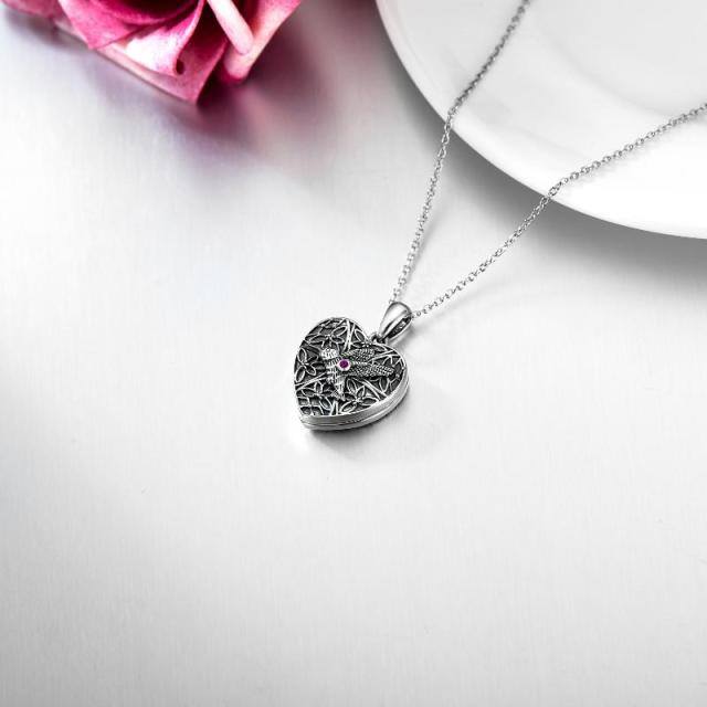 Sterling Silver Circular Shaped Hummingbird & Personalized Photo & Heart Personalized Photo Locket Necklace-3