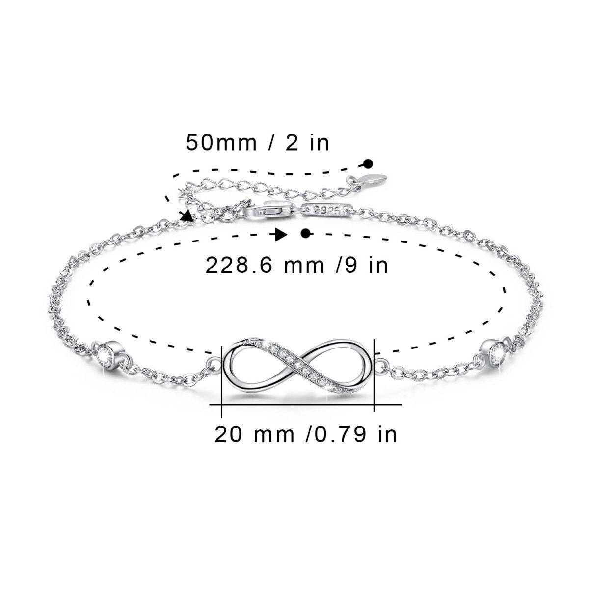 Sterling Silver Circular Shaped Cubic Zirconia Infinity Symbol Single Layer Anklet-6