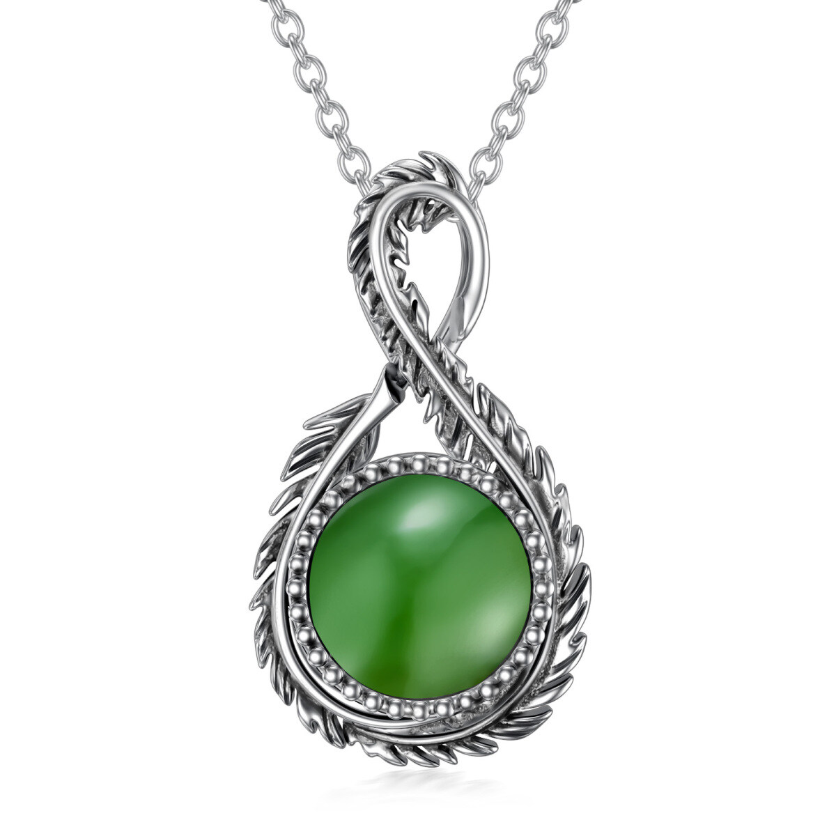 Sterling Silver Circular Shaped Jade Feather & Infinity Symbol Pendant Necklace-1