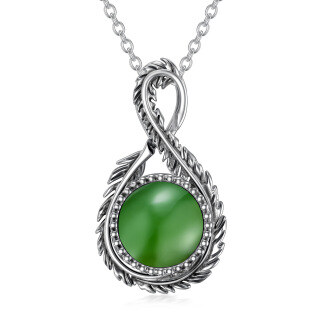 Sterling Silver Circular Shaped Jade Feather & Infinity Symbol Pendant Necklace-24