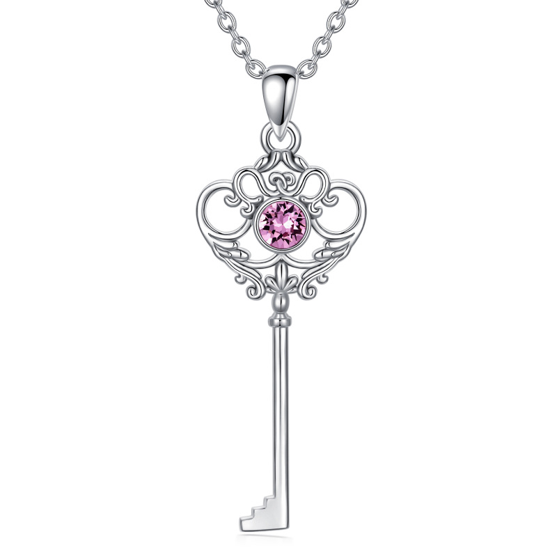 Sterling Silver Circular Shaped Cubic Zirconia Key Pendant Necklace-8