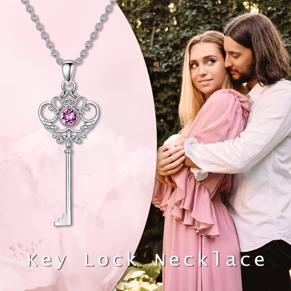 Sterling Silver Circular Shaped Cubic Zirconia Key Pendant Necklace-3