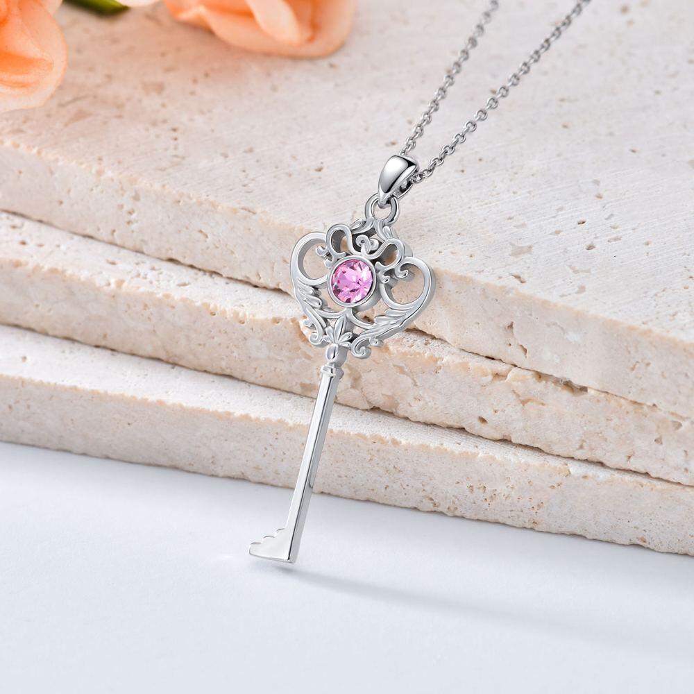 Sterling Silver Circular Shaped Cubic Zirconia Key Pendant Necklace-4