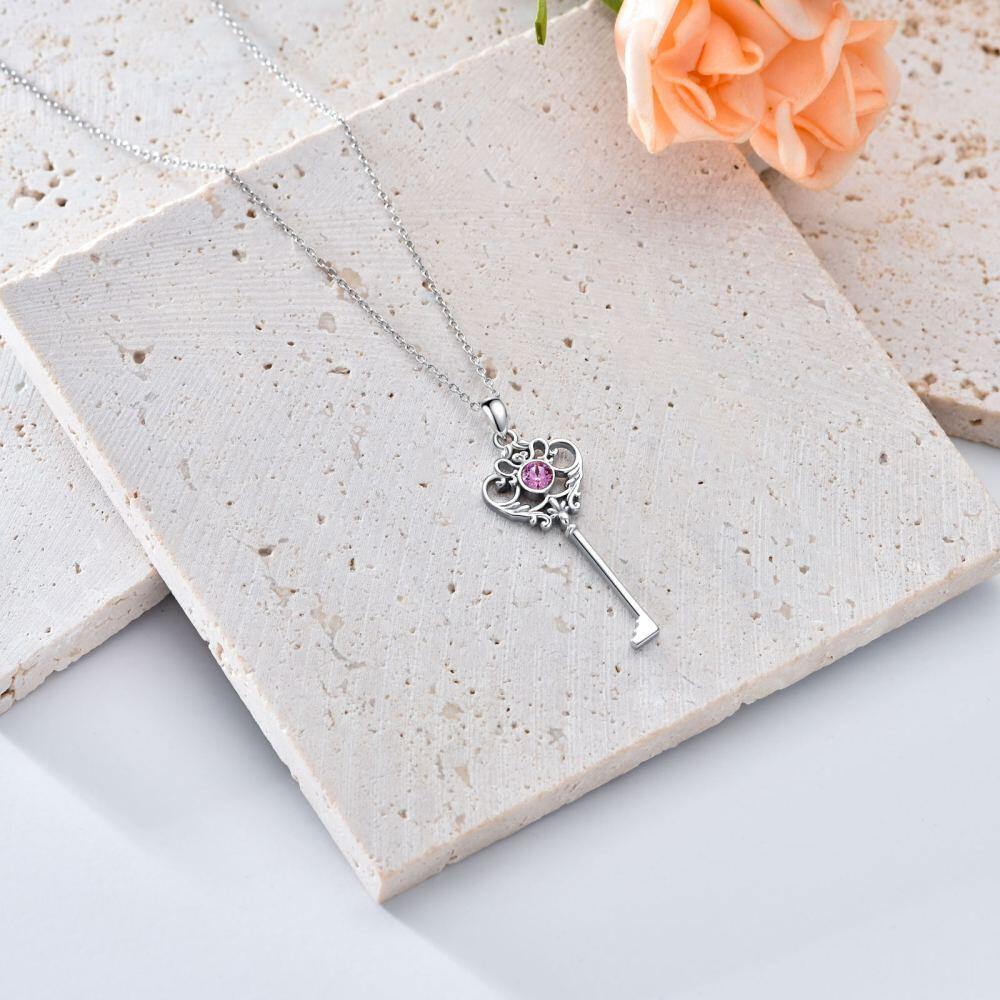Sterling Silver Circular Shaped Cubic Zirconia Key Pendant Necklace-5