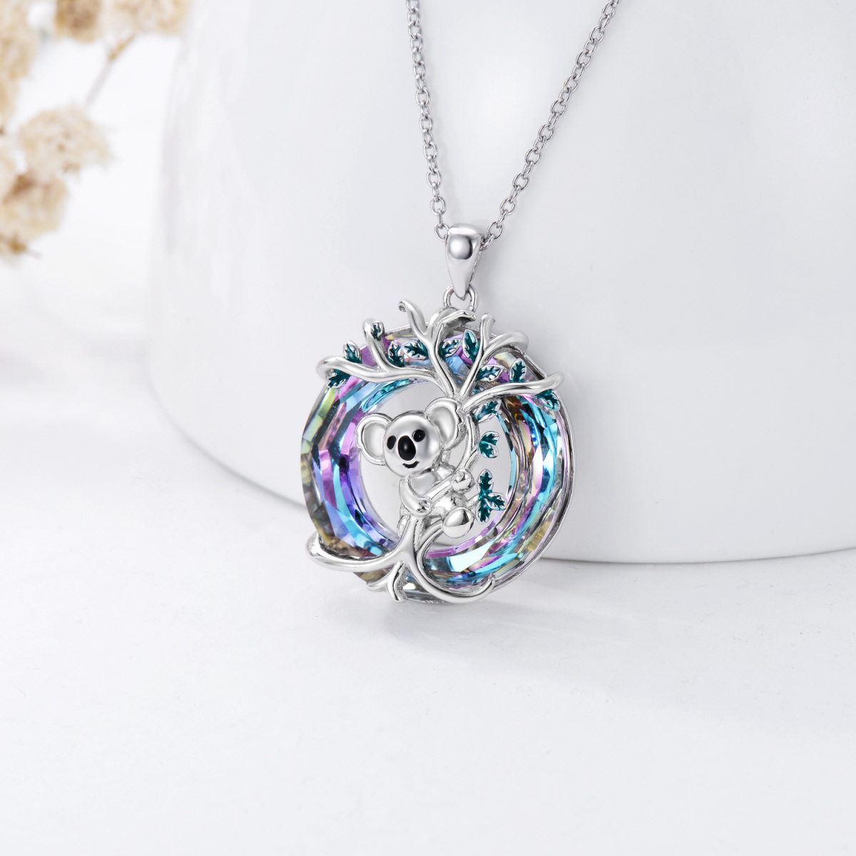 Sterling Silver Circular Shaped Koala Crystal Pendant Necklace-3