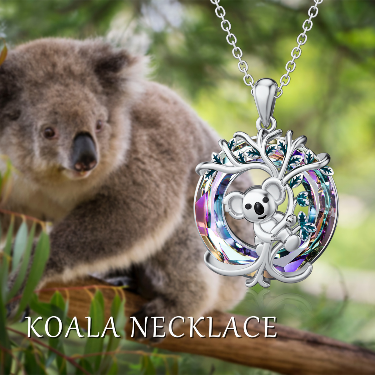 Halskette mit kreisförmigem Koala-Kristall-Anhänger aus Sterlingsilber-6