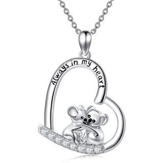 Sterling Silver Circular Shaped Cubic Zirconia Koala & Heart Pendant Necklace with Engraved Word-47