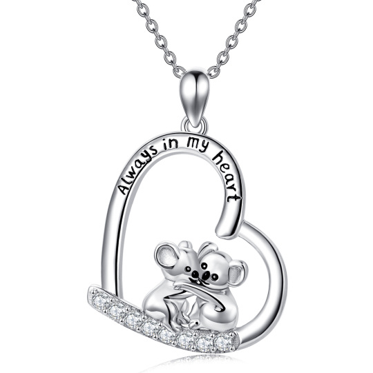 Sterling Silver Circular Shaped Cubic Zirconia Koala & Heart Pendant Necklace with Engraved Word