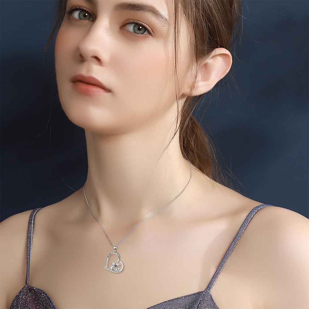 Sterling Silver Circular Shaped Cubic Zirconia Koala & Heart Pendant Necklace with Engraved Word-2