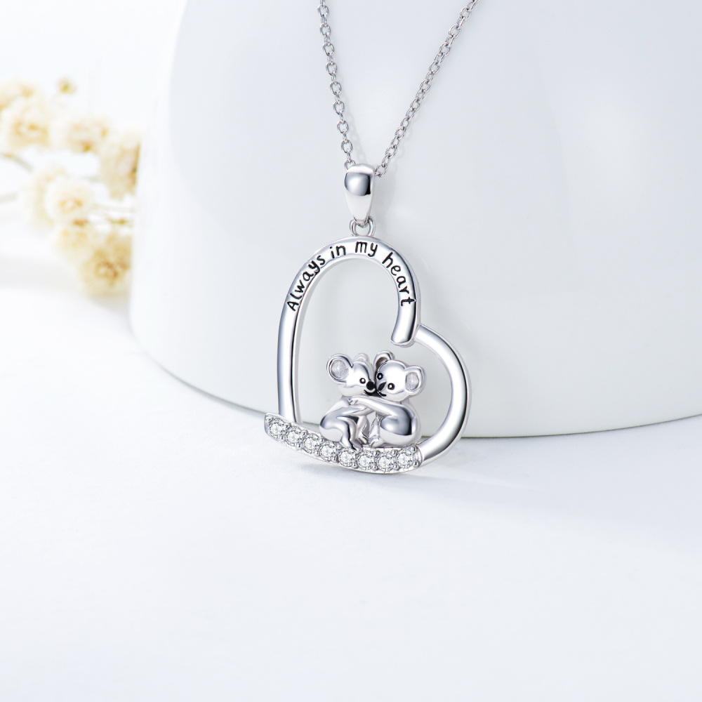 Sterling Silver Circular Shaped Cubic Zirconia Koala & Heart Pendant Necklace with Engraved Word-3