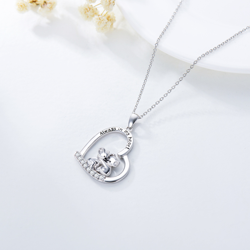 Sterling Silver Circular Shaped Cubic Zirconia Koala & Heart Pendant Necklace with Engraved Word-4