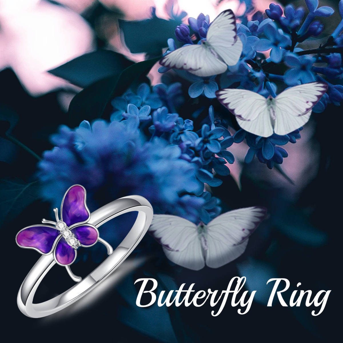 Sterling Silver Circular Shaped Lab Created Diamond Butterfly Ring-6