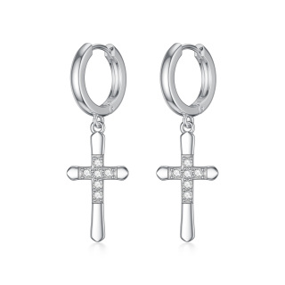 Sterling Silver Circular Shaped Lab Created Diamond Cross Drop Earrings-59