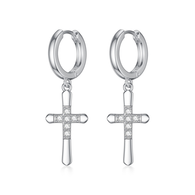 Sterling Silver Circular Shaped Lab Created Diamond Cross Drop Earrings