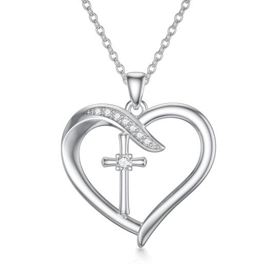 Sterling Silver Circular Shaped Lab Created Diamond Cross & Heart Pendant Necklace