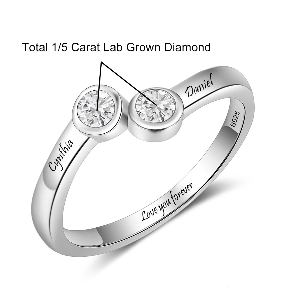 Anillo de compromiso con grabado personalizado de diamantes creados en laboratorio con forma circular de plata de ley-2