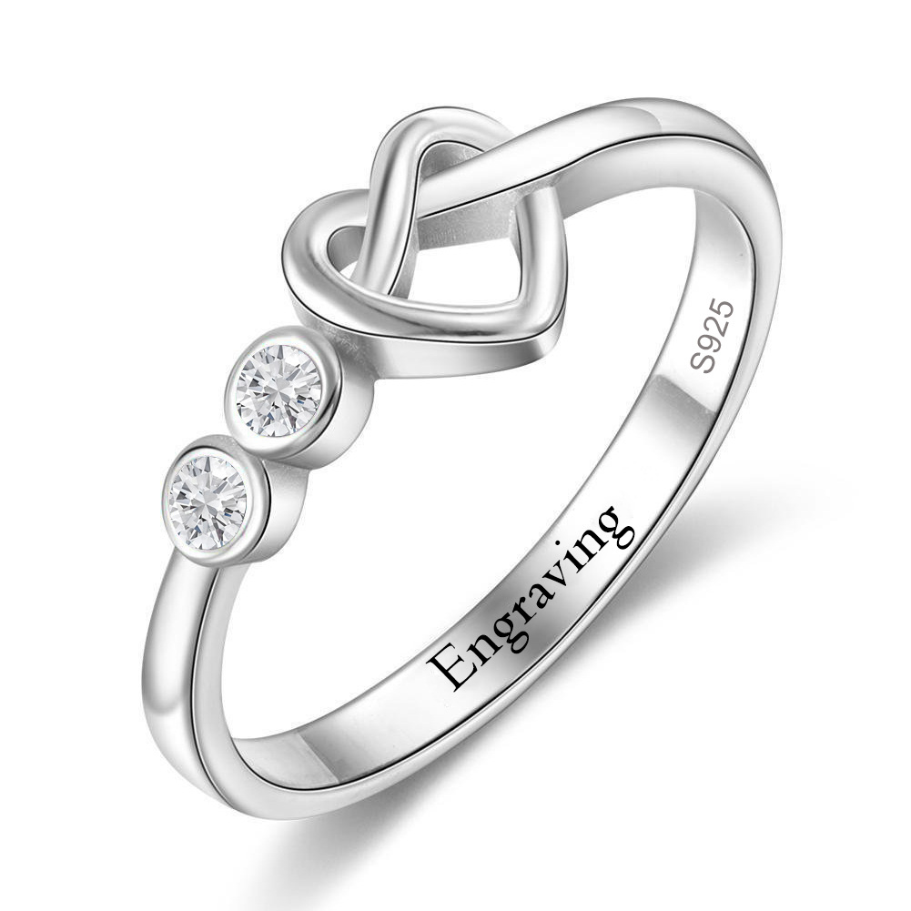 Sterling Silver Circular Shaped Lab Created Diamond Personalized Engraving & Heart Engagement Ring-1