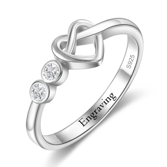 Sterling Silver Circular Shaped Lab Created Diamond Personalized Engraving & Heart Engagement Ring