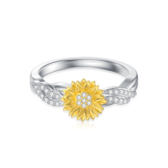 Sterling Silber Kreisförmiger Sonnenblumenring mit künstlich hergestelltem Diamant-1