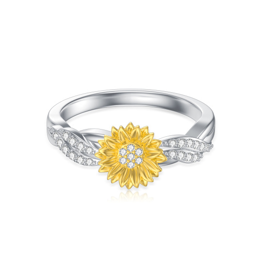 Sterling Silber Kreisförmiger Sonnenblumenring mit künstlich hergestelltem Diamant