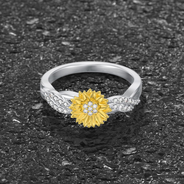 Bague tournesol en argent sterling de forme circulaire créée en laboratoire et diamants-3