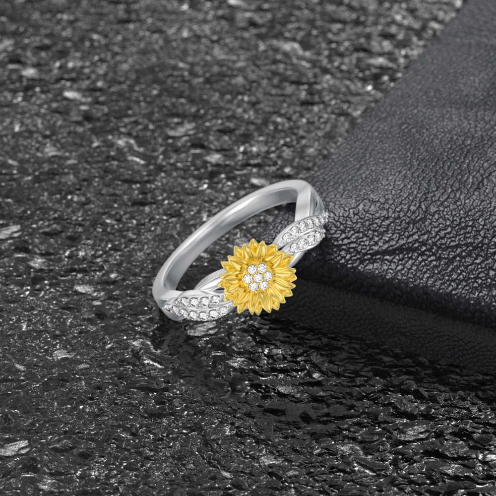 Sterling Silver Round Shaped Lab Created Diamond Custom Sunflower Ring 3EX IGI Certified-4