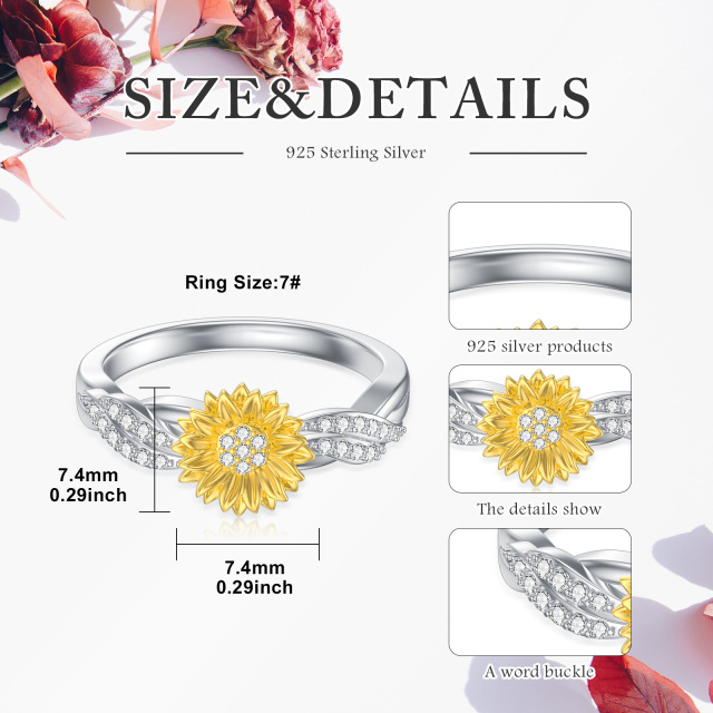 Sterling Silber Kreisförmiger Sonnenblumenring mit künstlich hergestelltem Diamant-5