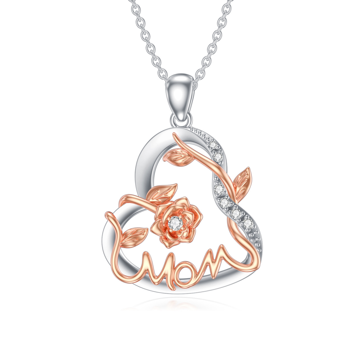 Collana con ciondolo a forma di circolare in argento sterling con diamanti di laboratorio, rosa e cuore, con parola incisa-1