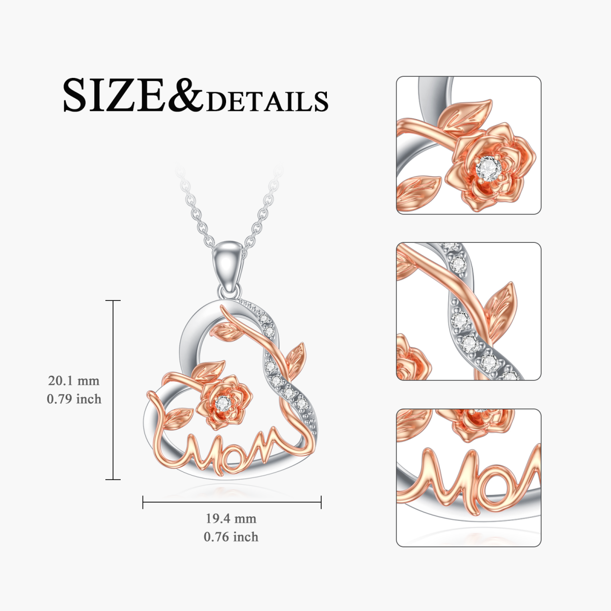 Sterling zilveren cirkelvormige laboratorium diamanten roos & hart hanger ketting met gegraveerd woord-5