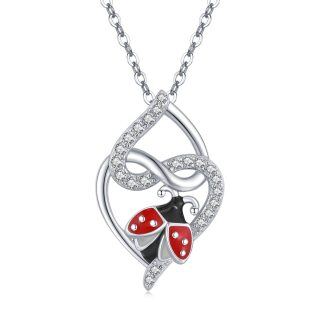 Sterling Silver Cubic Zirconia Ladybug Heart Pendant Necklace For Women-18