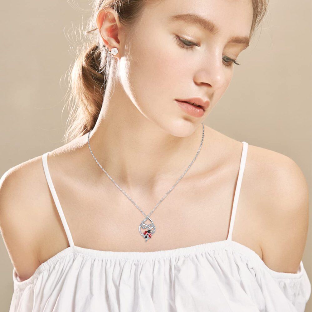 Sterling Silver Cubic Zirconia Ladybug Heart Pendant Necklace For Women-3