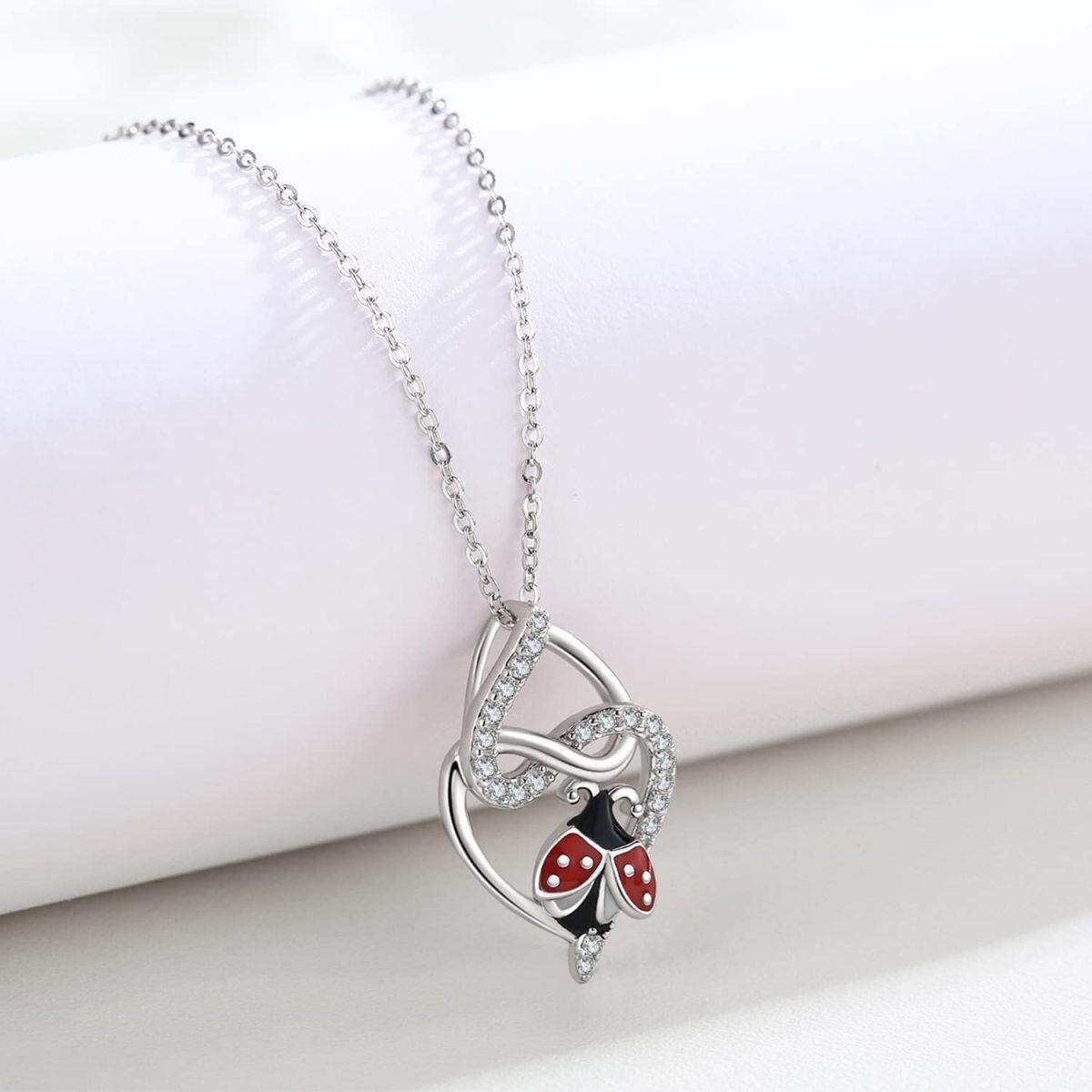 Sterling Silver Cubic Zirconia Ladybug Heart Pendant Necklace For Women-4