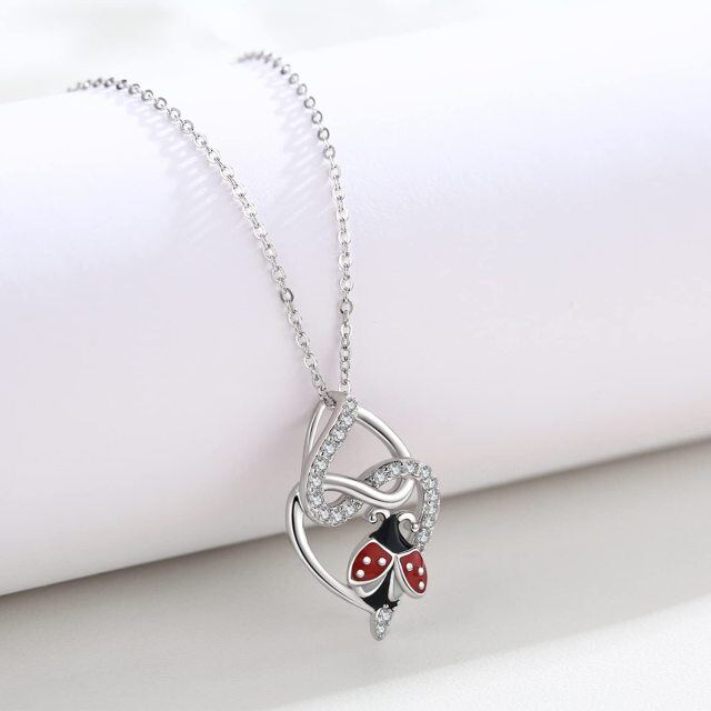 Sterling Silver Circular Shaped Cubic Zirconia Ladybug & Heart With Heart Pendant Necklace-4