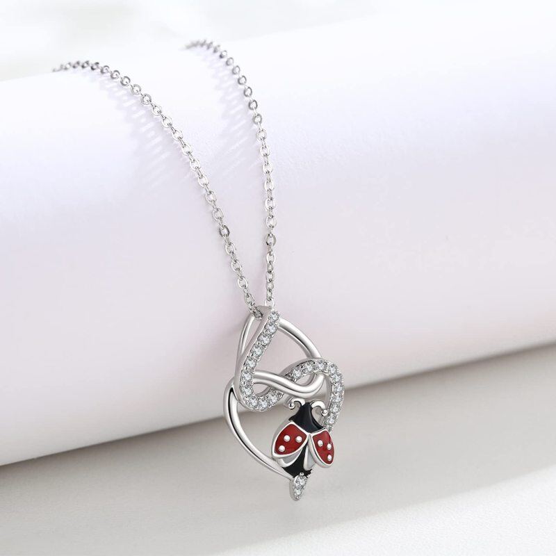 Sterling Silver Cubic Zirconia Ladybug Heart Pendant Necklace For Women-4
