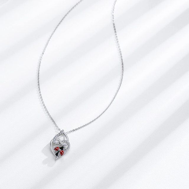 Sterling Silver Circular Shaped Cubic Zirconia Ladybug & Heart With Heart Pendant Necklace-5