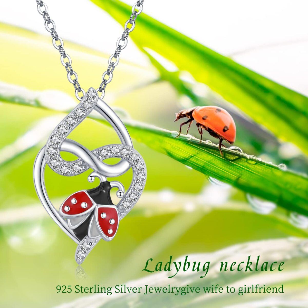 Collana da donna con ciondolo a forma di cuore a forma di coccinella in argento sterling con zirconi cubici-7