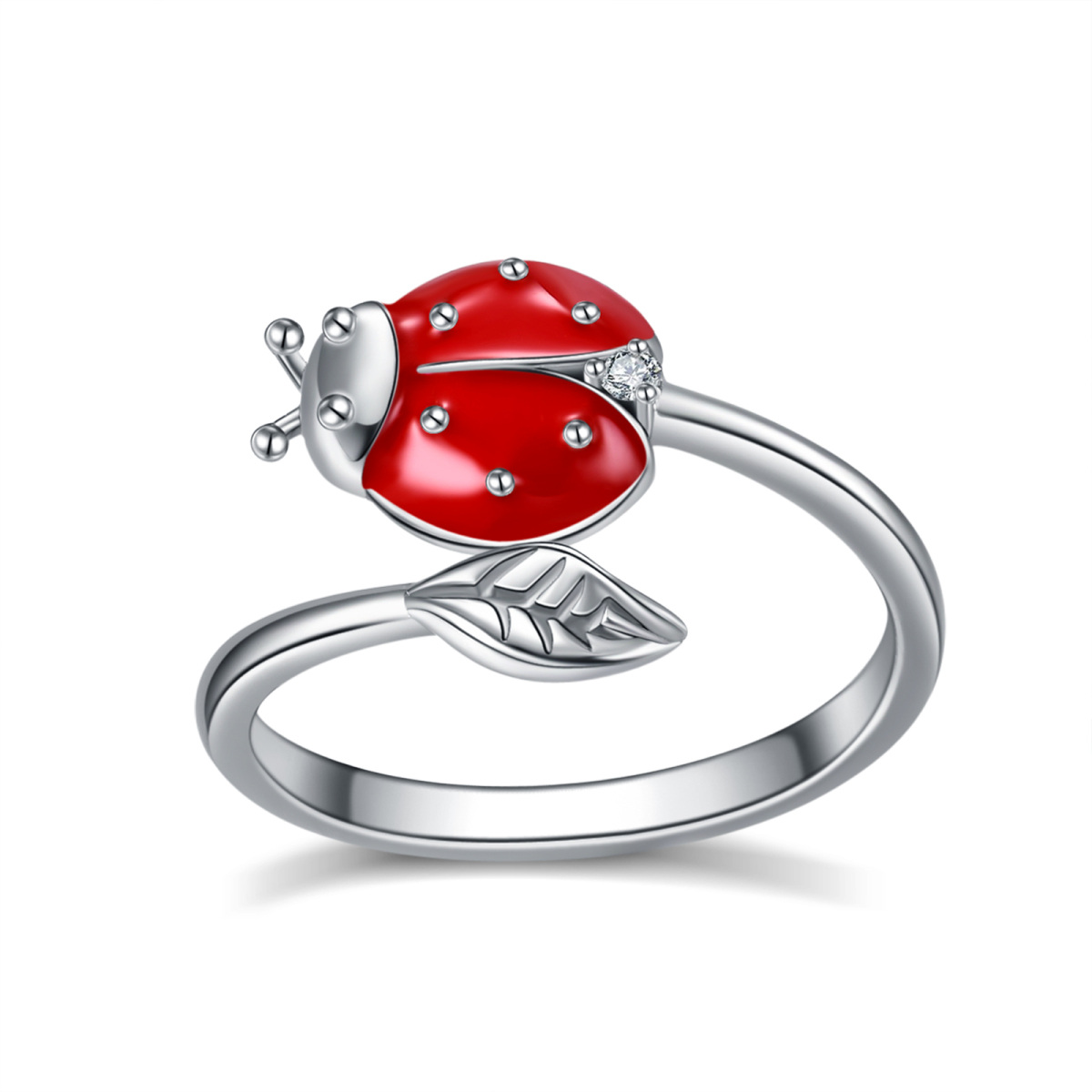 Sterling Silver Circular Shaped Cubic Zirconia Ladybug Open Ring-1