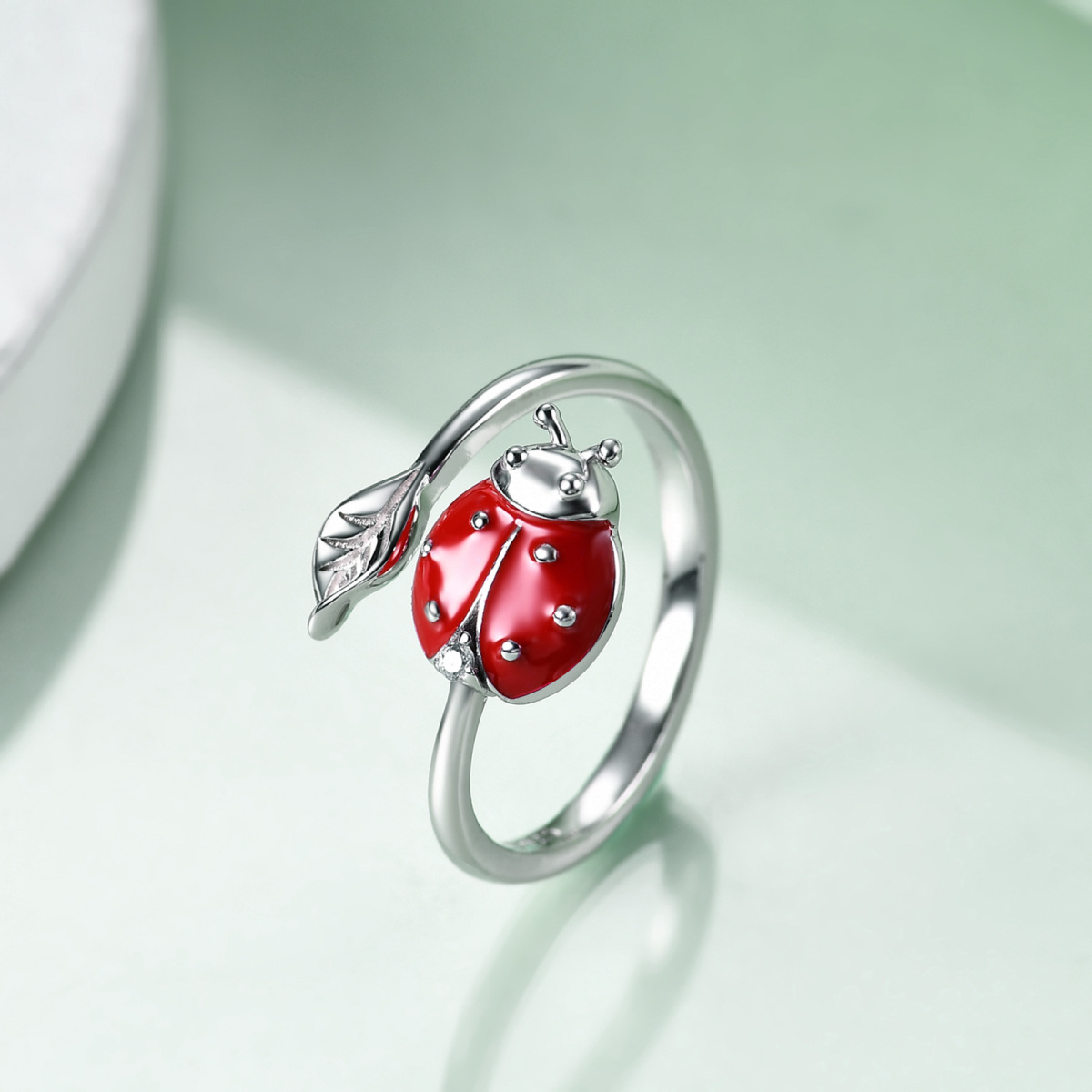 Sterling Silver Circular Shaped Cubic Zirconia Ladybug Open Ring-3