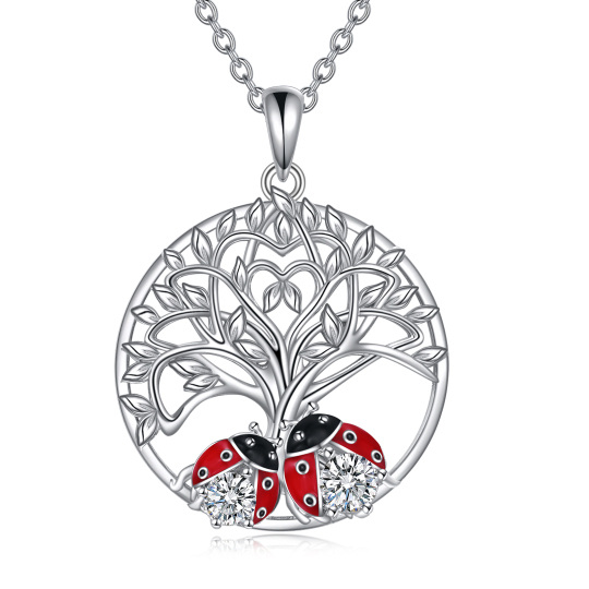 Sterling Silver Circular Shaped Cubic Zirconia Ladybug & Tree Of Life Pendant Necklace