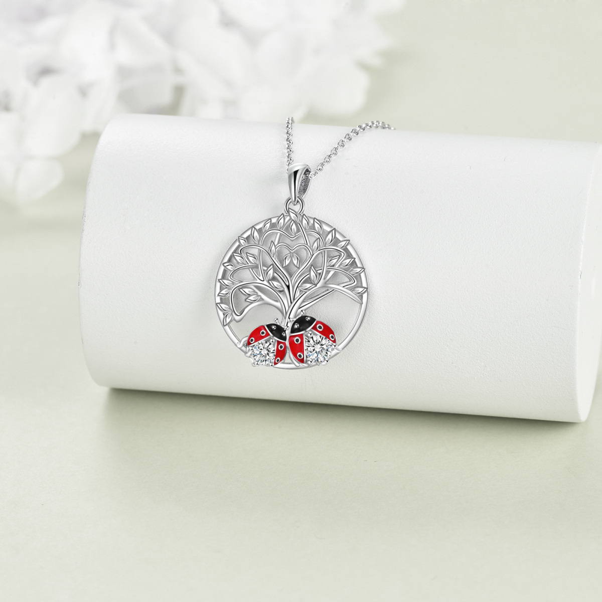 Sterling Silver Circular Shaped Cubic Zirconia Ladybug & Tree Of Life Pendant Necklace-3