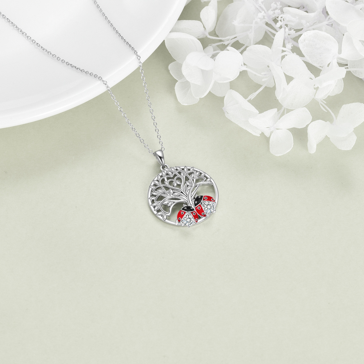 Sterling Silver Circular Shaped Cubic Zirconia Ladybug & Tree Of Life Pendant Necklace-4