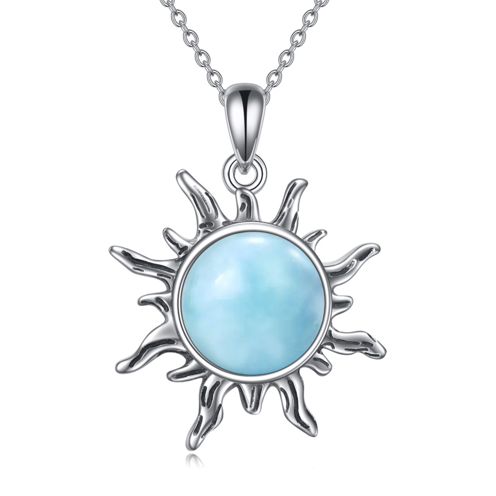 Sterling Silver Circular Lalimar Stone Sun Pendant Necklace for Women Men-1