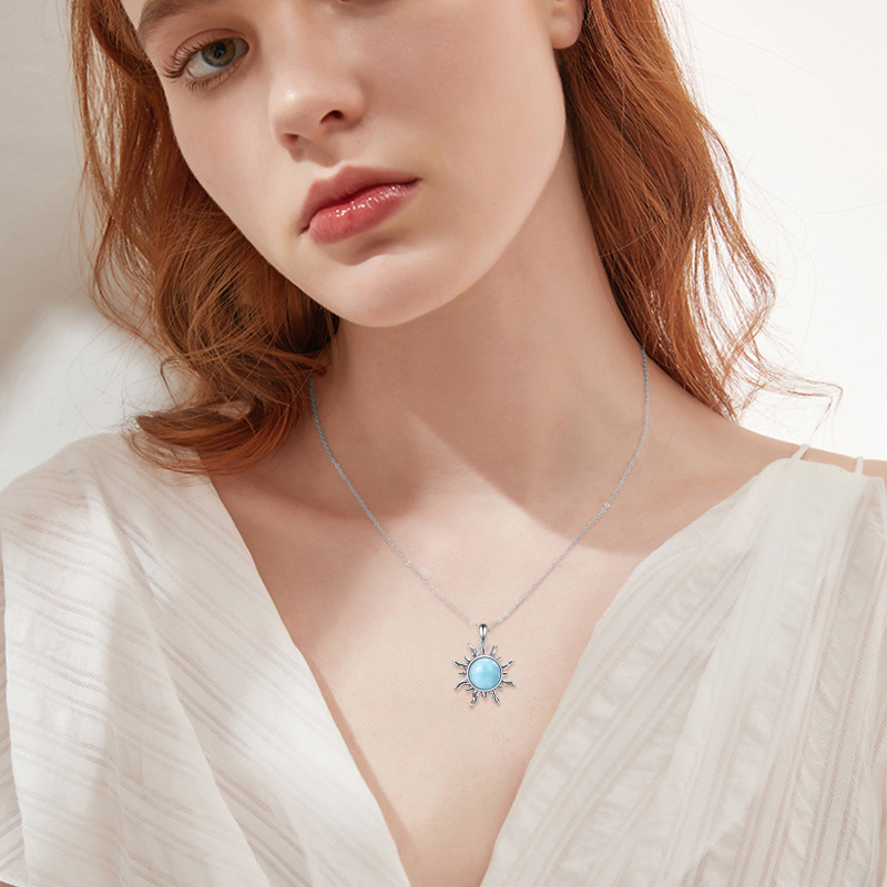 Sterling Silver Circular Lalimar Stone Sun Pendant Necklace for Women Men-2