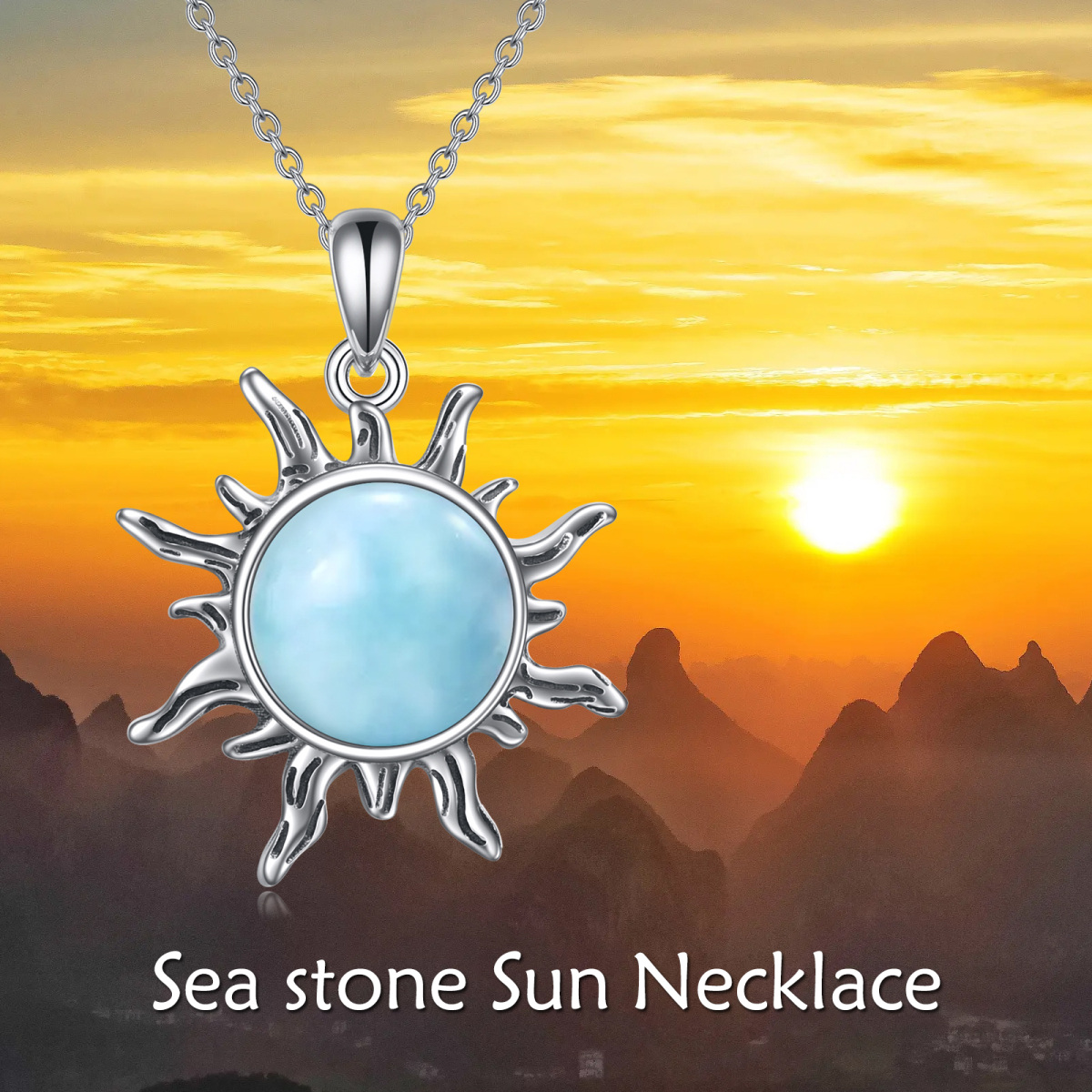 Sterling Silver Circular Shaped Lalimar Stone Sun Pendant Necklace-6