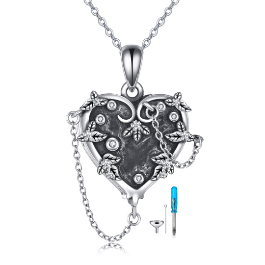 Collier en argent sterling avec feuilles et cœur en zircon cubique et mot gravé