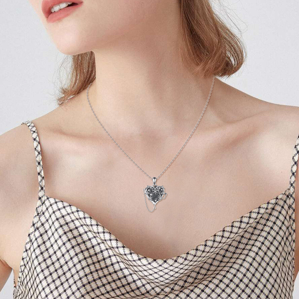 Sterling Silver Circular Shaped Cubic Zirconia Leaves & Heart Urn Necklace for Ashes with Engraved Word-2