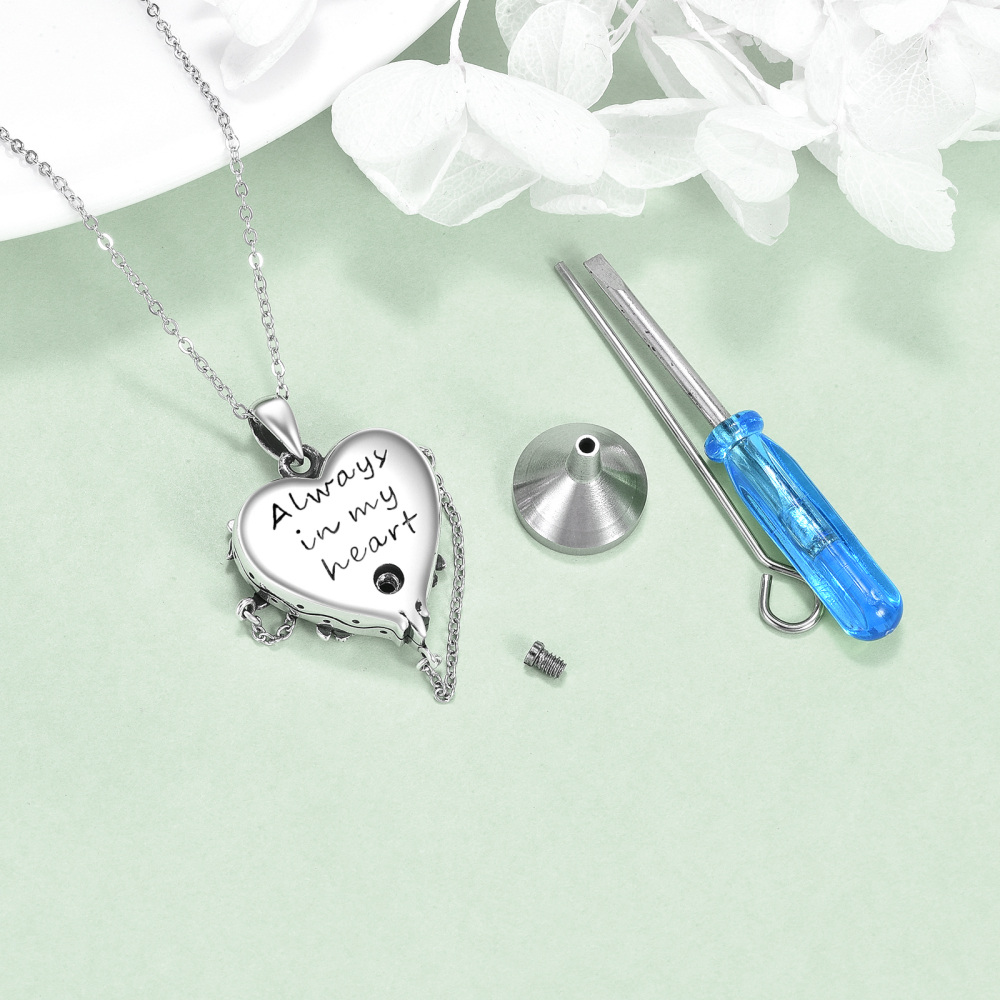 Sterling Silver Circular Shaped Cubic Zirconia Leaves & Heart Urn Necklace for Ashes with Engraved Word-4