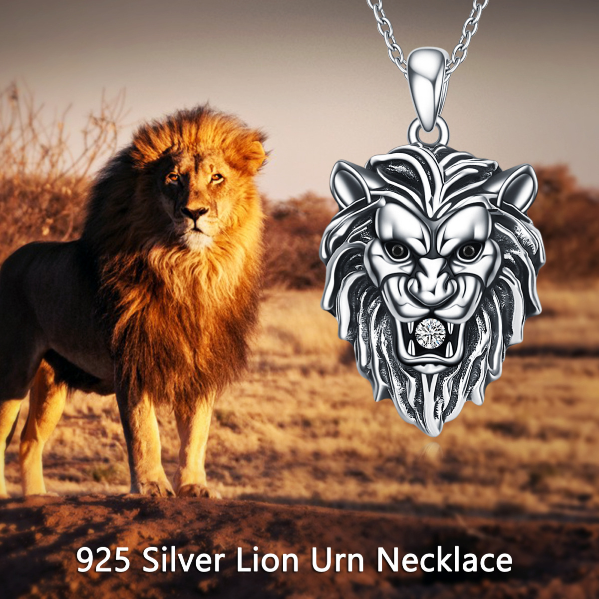 Sterling Silver Circular Shaped Cubic Zirconia Lion Urn Necklace for Ashes-6