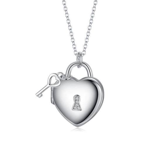 Sterling Silver Circular Shaped Cubic Zirconia Lock Personalized Photo Locket Necklace